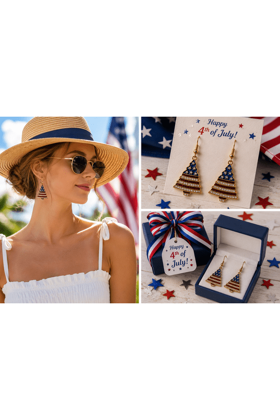 Patriotic Rhinestone Brooch Pin and Earring Set, 4th July Jewelry Set