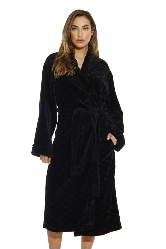 Women's Ultra-Soft Velour Bath Robe with Tie Belt (Black, Small)