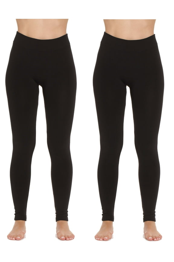 Ladies Solid Fleece Lined Seamless Leggings (Pack of 2) 6816-C-XS-S (Black Black, Medium / Large)