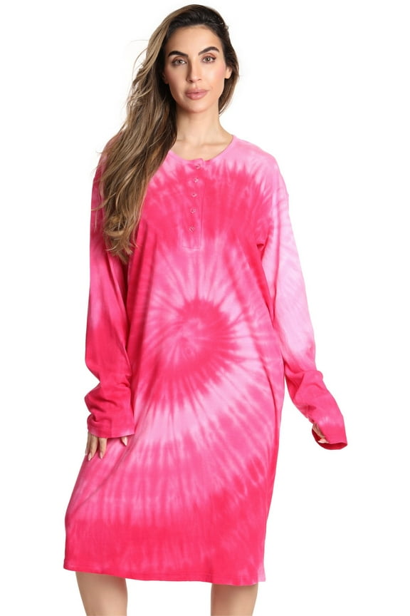 Long Sleeve Nightgown Sleepwear 7007-116-XL (Fuchsia - Tie Dye Swirl, Medium)