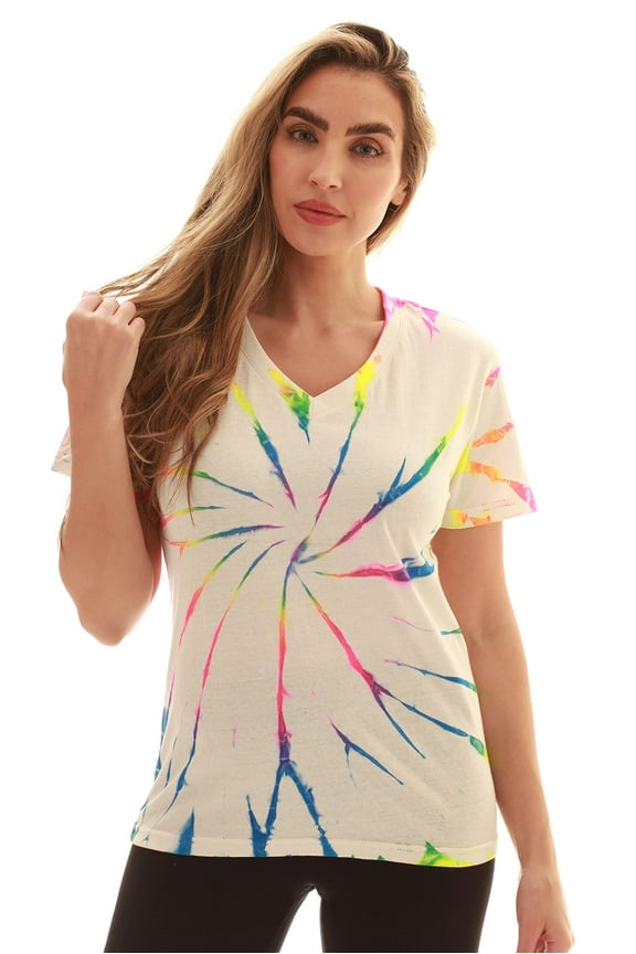 Loop Terry Tie Dye T-shirt for Women (Tie Dye Neon Bright Rainbow, Large)