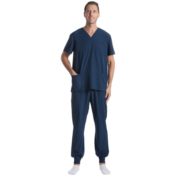 Just Love Men's 2-Piece V-Neck Medical Scrub Set (Navy Wrinkle Free Fabric, Large)