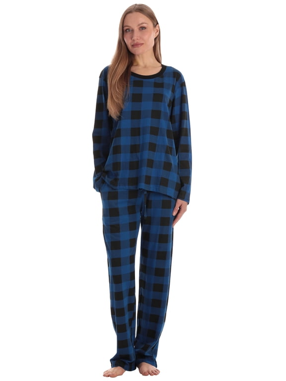 Pajama Pant Set for Women | 100% Cotton Jersey Sleepwear with Pockets (Buffalo Plaid - Royal Black Long Sleeve, 3X)