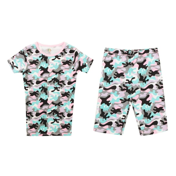 Just Love Pajamas for Girls Snug-Fit Cotton Girls PJ Set Short Sleeve Tee & Shorts (White - Camo Short Sleeve With Short, 10-12 Years)