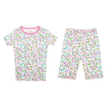 Just Love Pajamas for Girls Snug-Fit Cotton Girls PJ Set Short Sleeve Tee & Shorts (White - Unicorn Hearts Short Sleeve With Short, 7-8 Years)