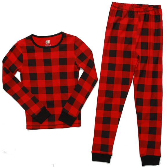 Just Love Pajamas for Girls Snug-Fit Cotton Kids PJ Set (Buffalo Plaid - Red and Black, Girls 12 Months)
