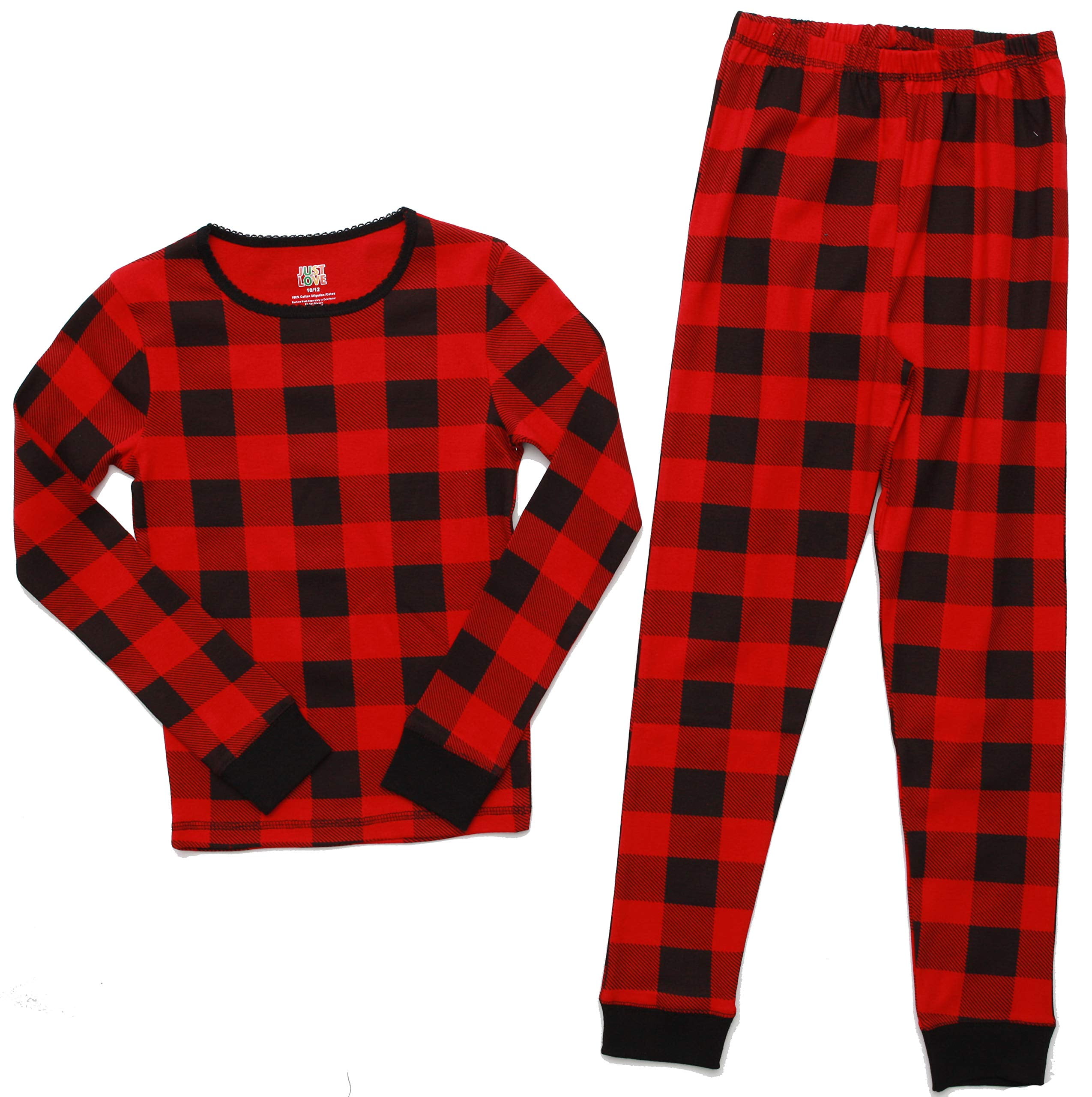 Just Love Pajamas for Girls Snug-Fit Cotton Kids' PJ Set (Buffalo Plaid -  Red and Black, Girls 5-6) 