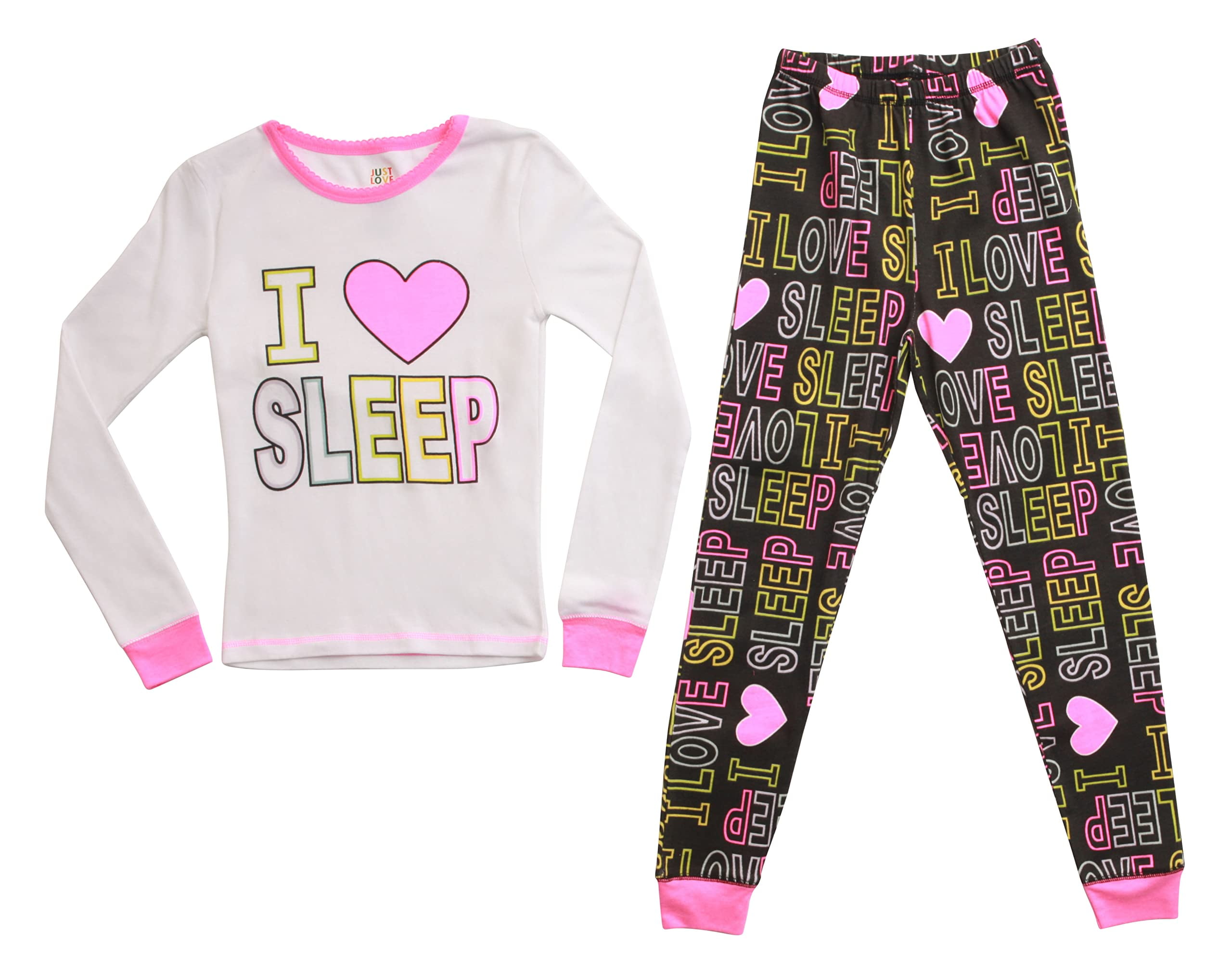 Just Love Pajamas for Girls Snug-Fit Cotton Kids' PJ Set (White - I Love  Sleep, Girls 6X) 