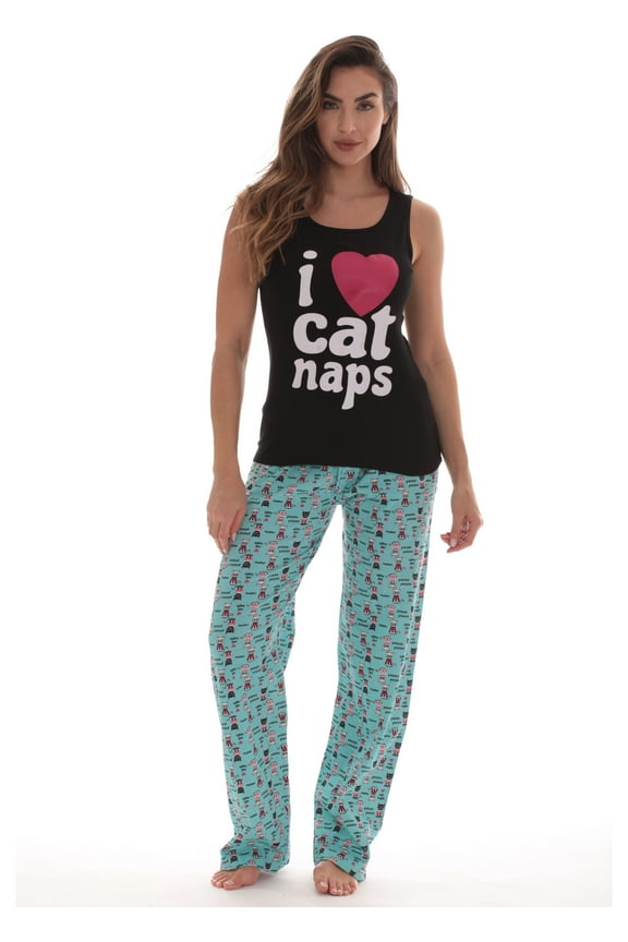 Womens Pant Set Soft, Relaxing Sleepwear Pajamas (Black - I Love Cat Naps, Small)