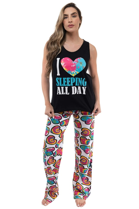 Womens Pant Set Soft, Relaxing Sleepwear Pajamas (Black - I Love Sleeping All Day, 1X)