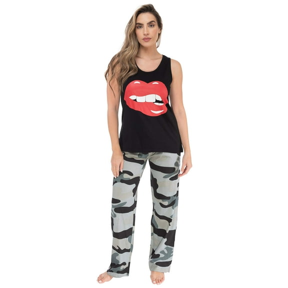 Just Love Womens Pant Set Soft, Relaxing Sleepwear Pajamas (Black - Red Lips, Medium)
