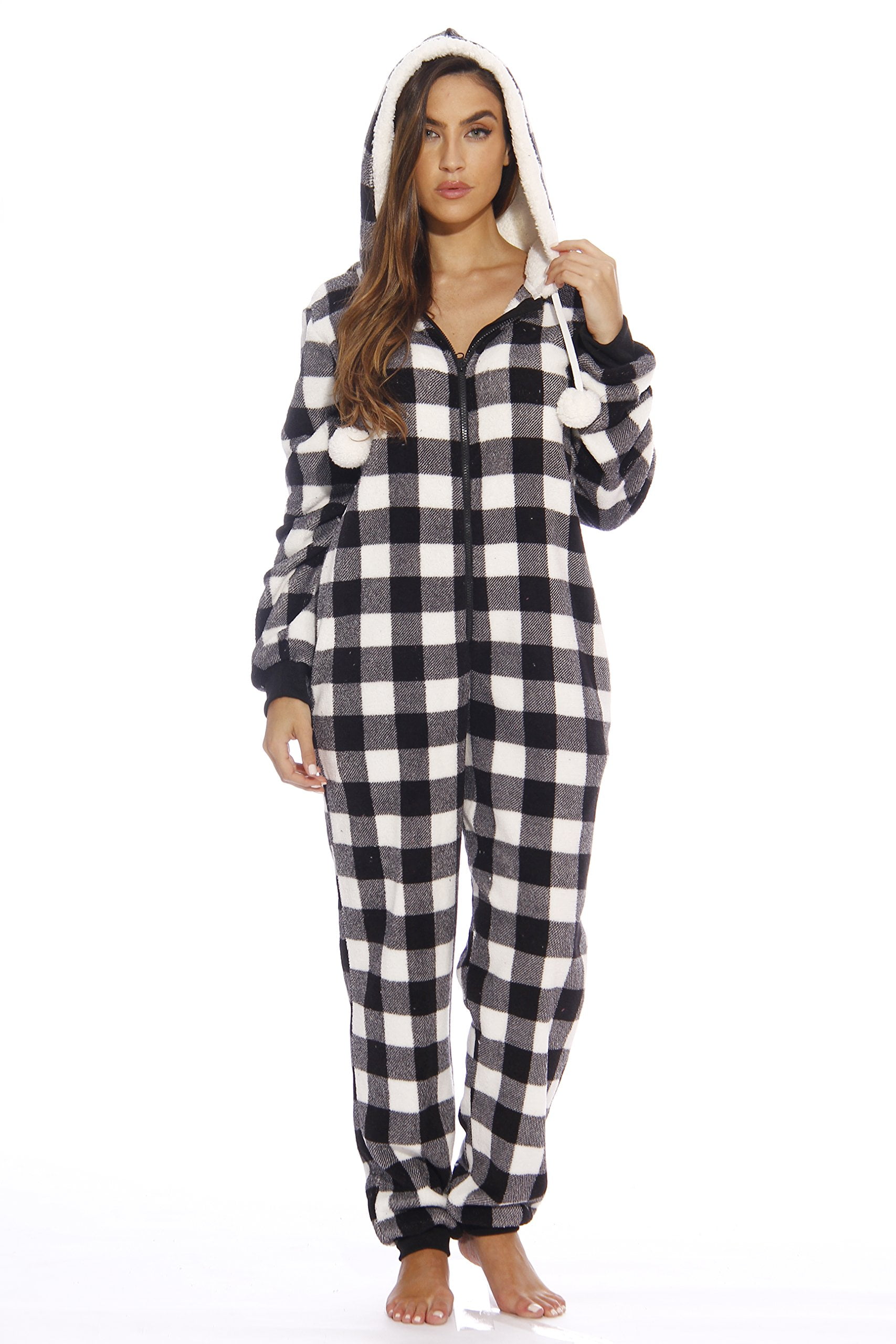 Just Love Plaid Adult Onesie Pajamas White Buffalo Plaid Small