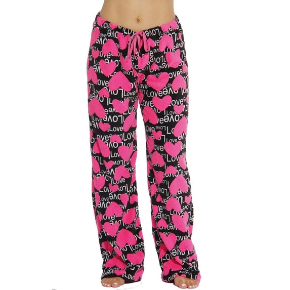 Just Love Plush Pajama Pants for Women - Petite to Plus Size Sleepwear (Black - Pink Hearts, Medium)
