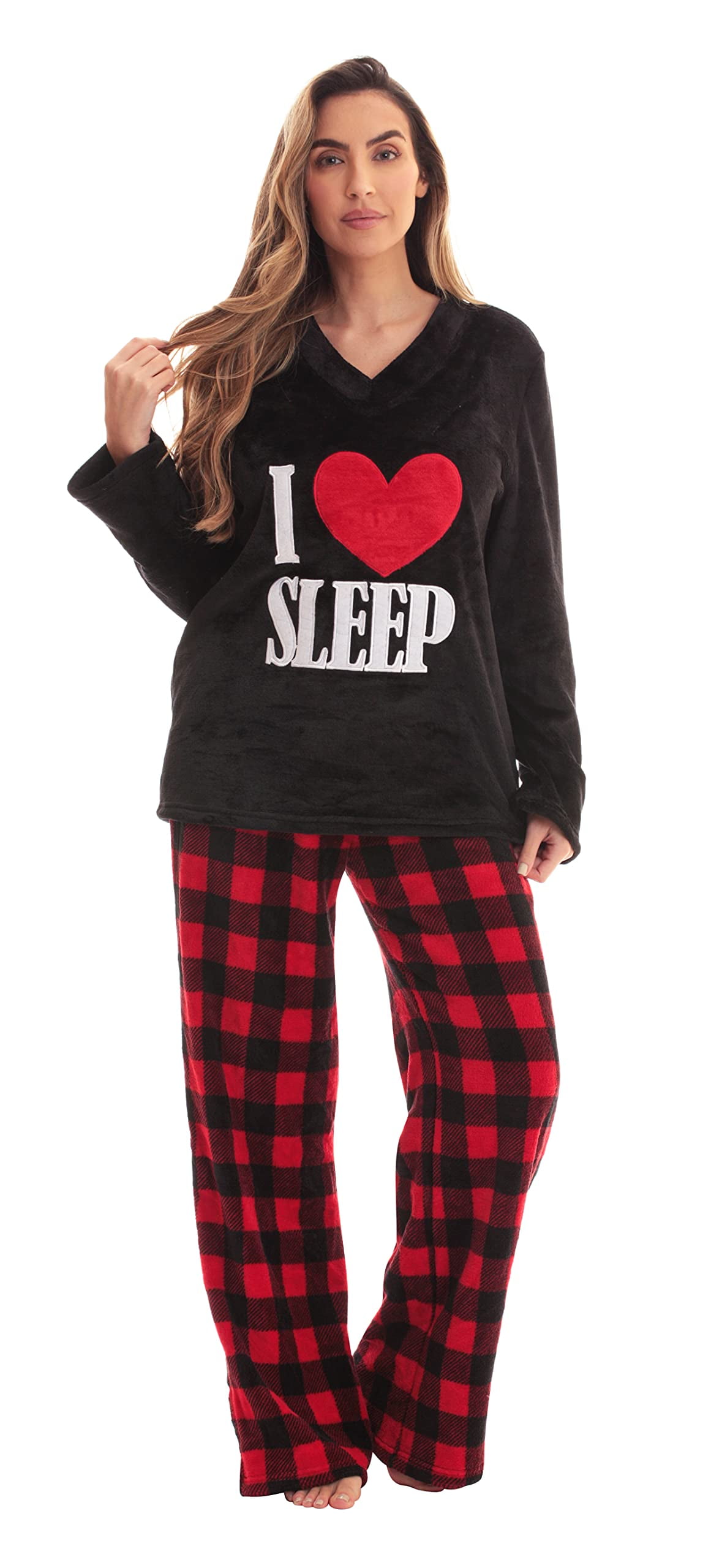 Just Love Plush Pajama Sets for Women 6742-10122-1X (Buffalo Plaid Red  Black - I Heart Sleep, 1X)