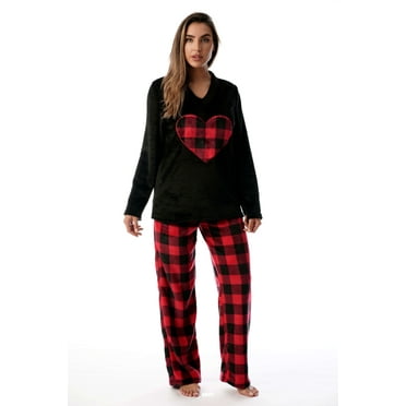 Just Love Plush Pajama Sets for Women (Black - Buffalo Plaid, Small)
