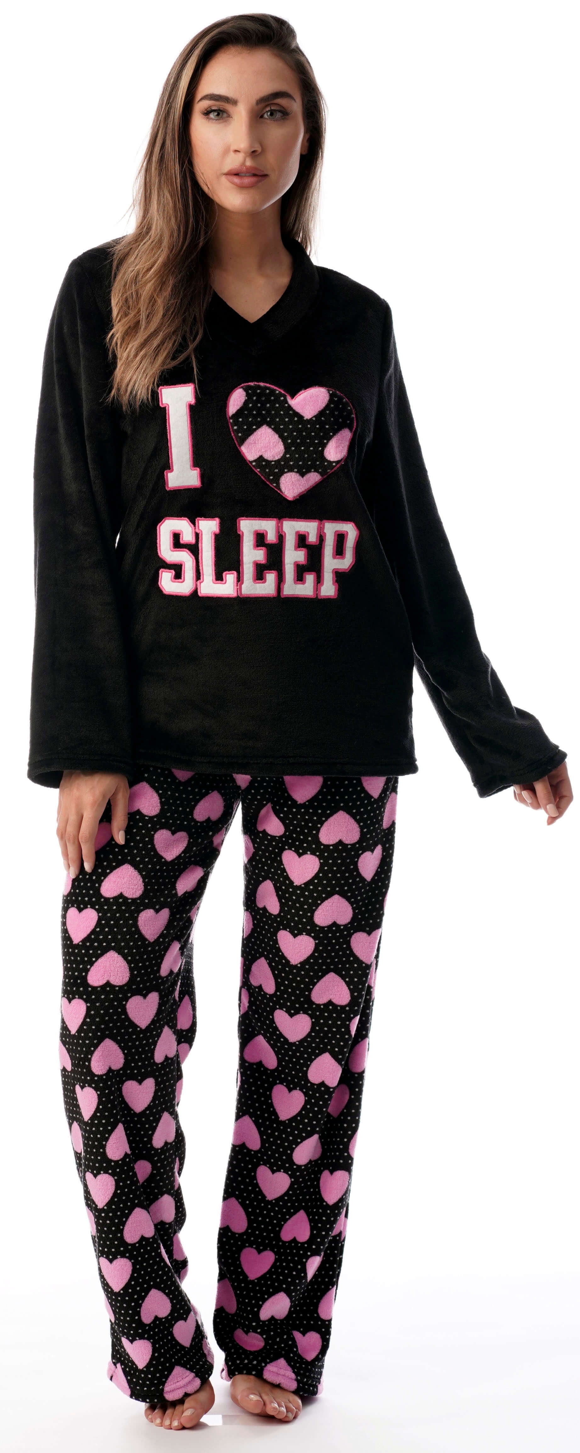 Just Love Women's Plush Pajama Set – Black 'I Heart Sleep' Comfy PJs