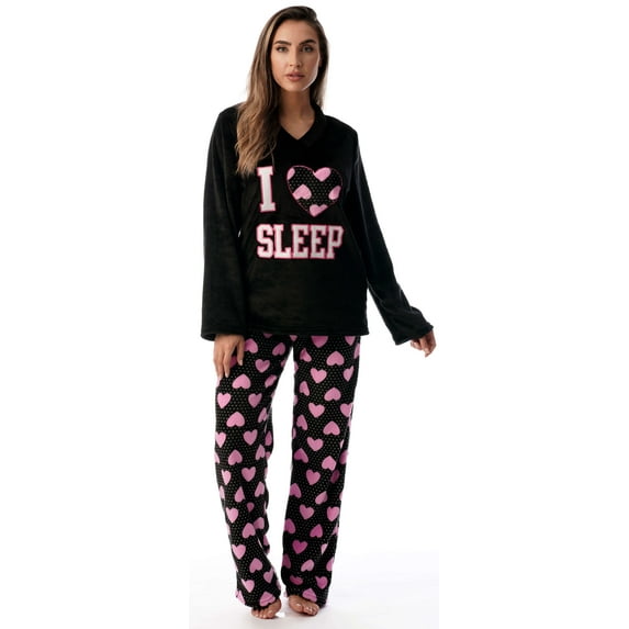 Just Love Plush Pajama Sets for Women (Black - I Heart Sleep, Large)