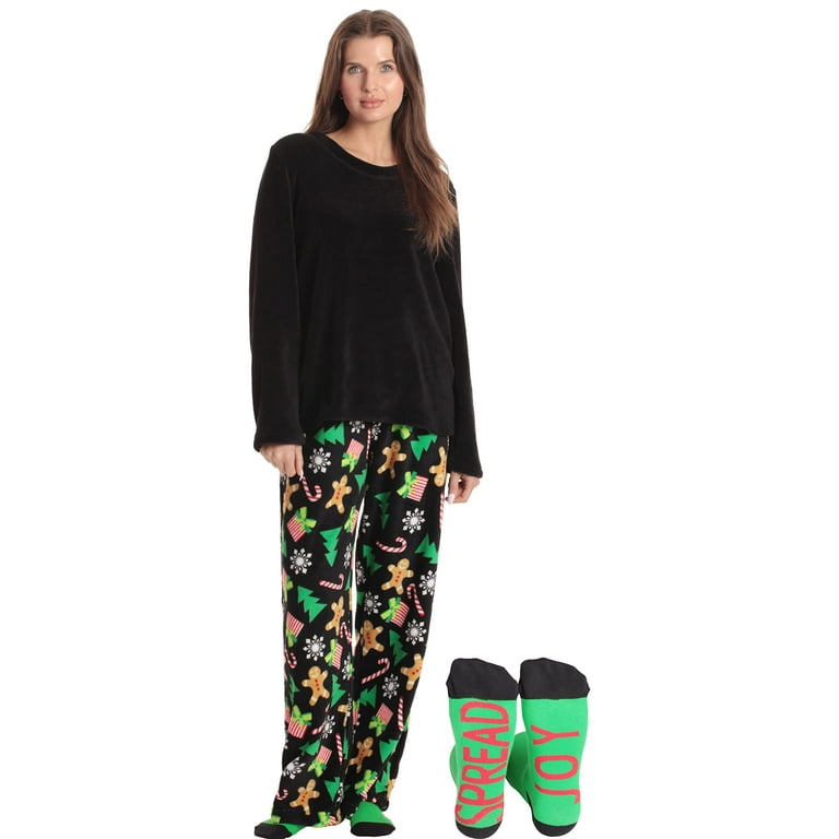 Just Love Plush Women's Pajama Pant Set with Matching Socks with Sayings  (Black - Christmas Explosion, Medium) 