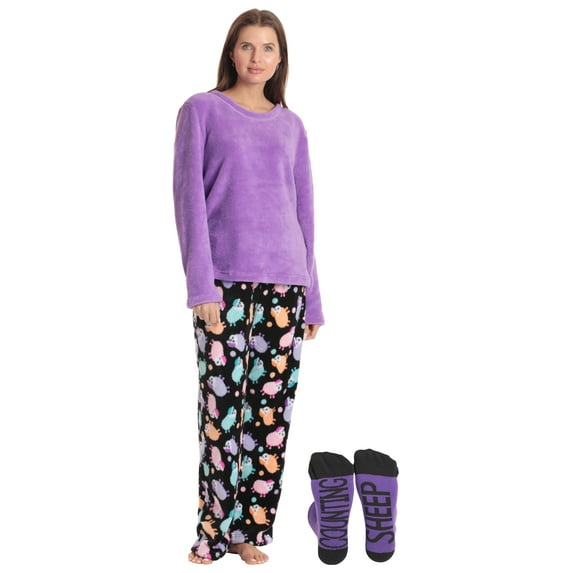 Just Love Womens Plush Pajama Pant Set with Matching Socks Fun, Cozy Sleepwear with Sayings (Purple - Pastel Sheep, Medium)