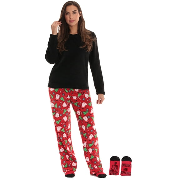 Just Love Womens Plush Pajama Pant Set with Matching Socks  Fun, Cozy Sleepwear with Sayings (Red Holiday Print, Large)