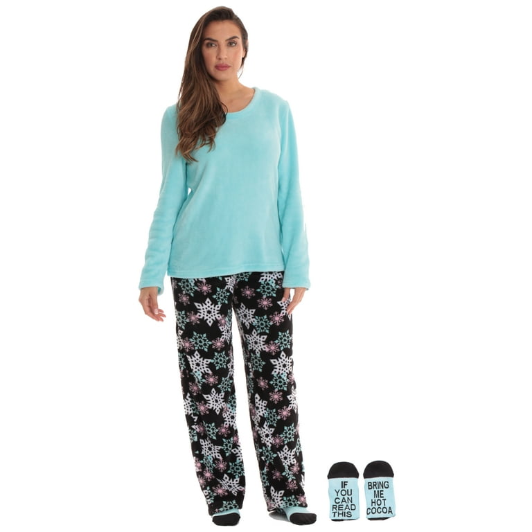 Just Love Plush Women's Pajama Pant Set with Matching Socks with Sayings  (Winter Snowflake Black, Small) 