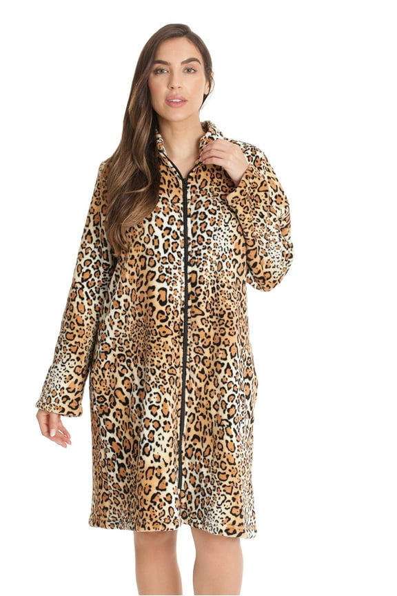 Plush Zipper Lounger Robe 6810-10114-1X (Leopard, Medium)