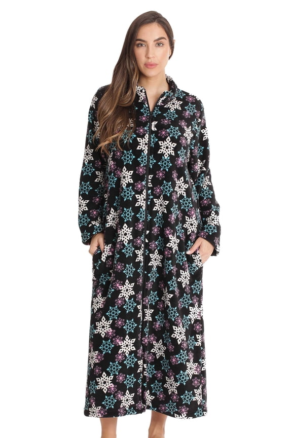 Plush Zipper Lounger Robe 6811-10445-MNT-1X (Large, Black Snowflake)