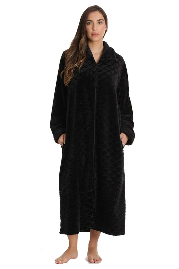 Plush Zipper Lounger Robe for Women (Black, 3X)