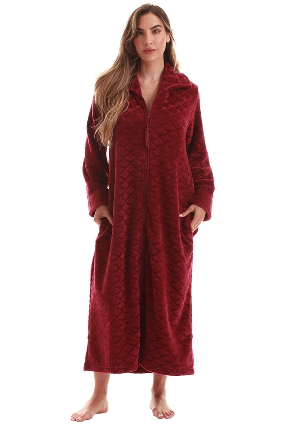 Plush Zipper Lounger Robe for Women (Wine, 2X)