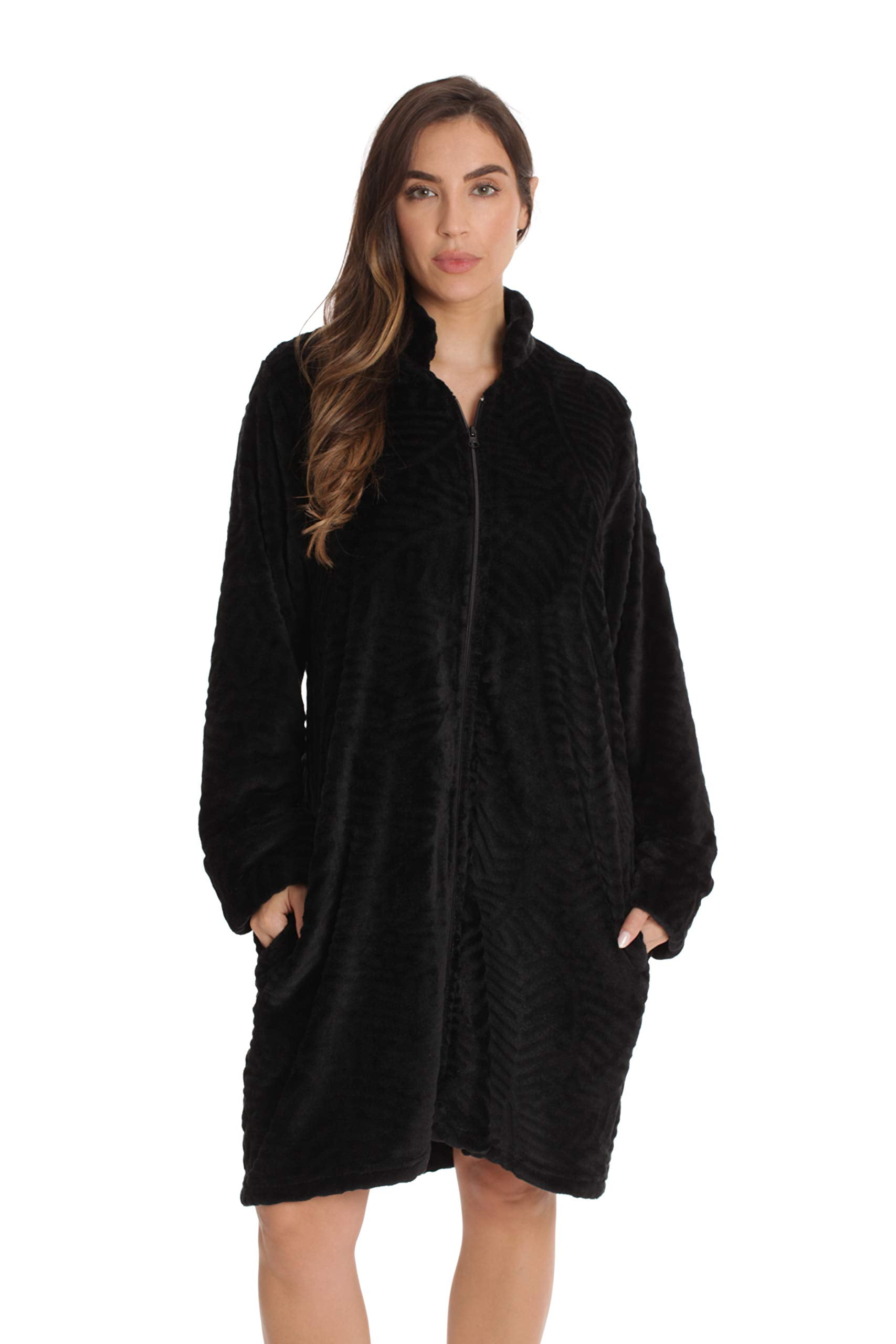 Snuggliest Short Robe Just Love Plush Zipper Lounger Short Robe, Black, Large, 100% Polyester ...