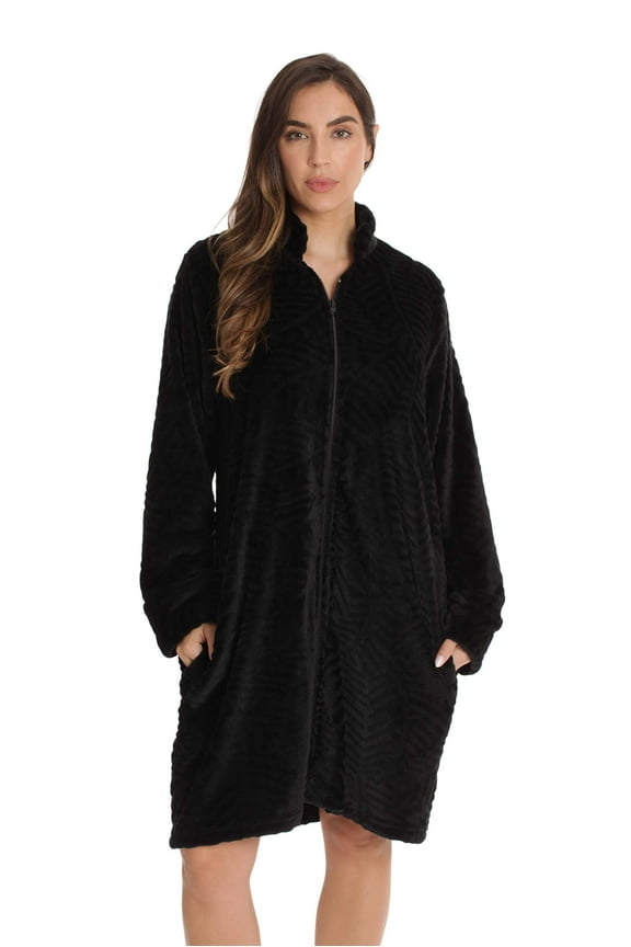 Plush Zipper Lounger Short Robe (Black, Small)
