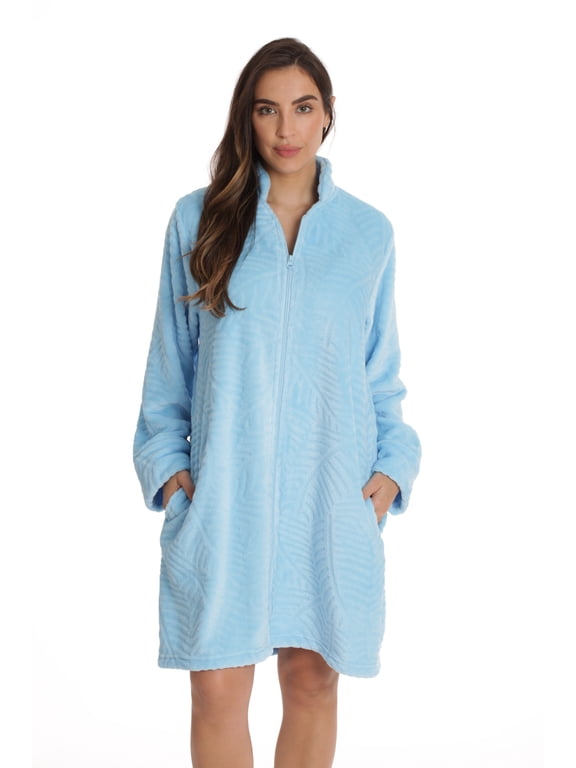 Plush Zipper Lounger Short Robe (Light Blue, 1X)