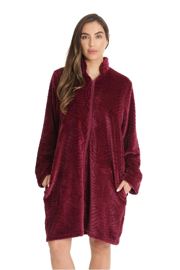 Plush Zipper Lounger Short Robe (Wine, Large)