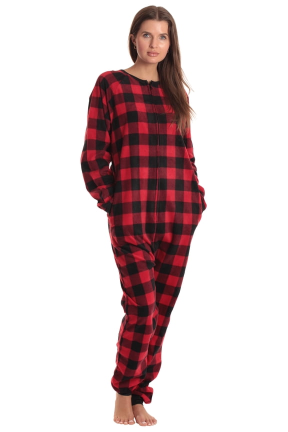 Printed Flannel Adult Bodysuit / Pajamas (Buffalo Plaid - Red Black, Medium)