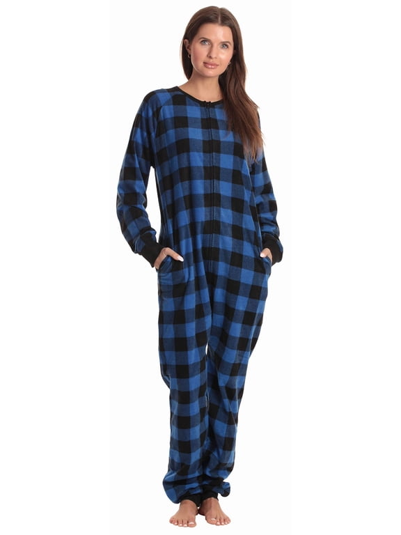 Printed Flannel Adult Bodysuit / Pajamas (Blue Buffalo Plaid, X-Large)