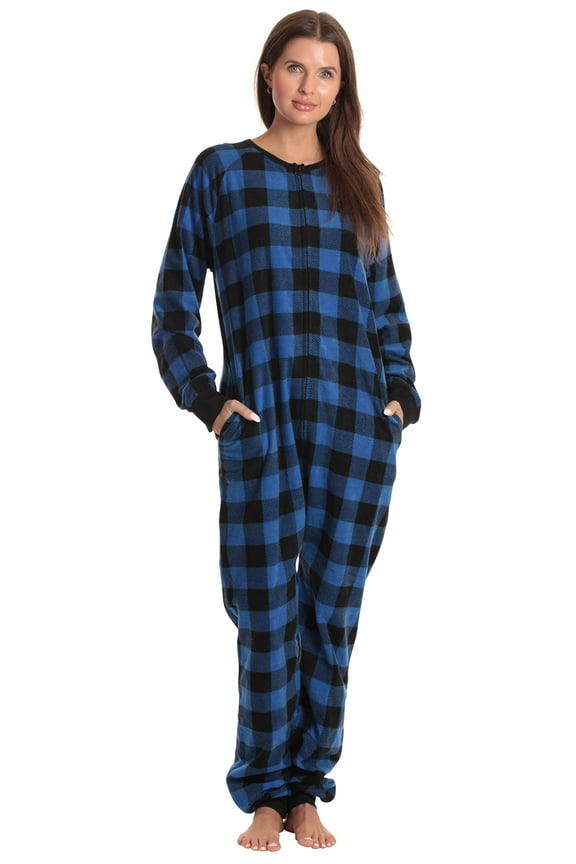 Printed Flannel Adult Onesie / Pajamas (Blue Buffalo Plaid, X-Small)
