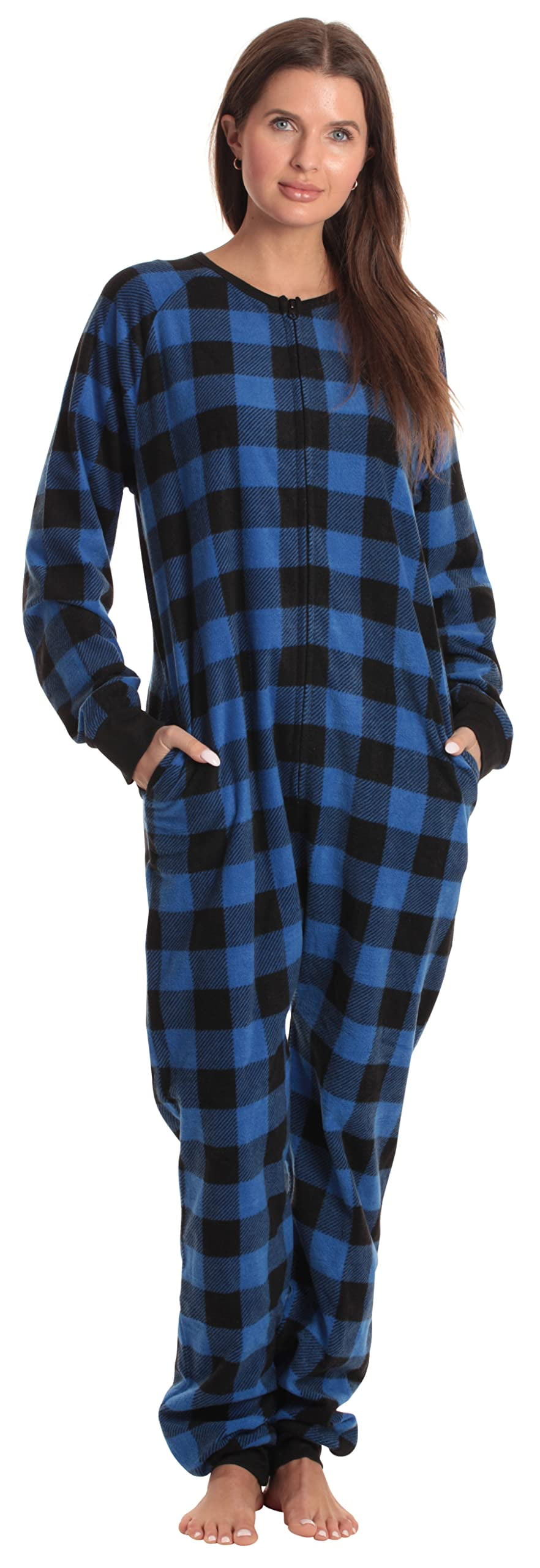 Just Love Printed Flannel Adult Onesie / Pajamas (Blue Buffalo Plaid