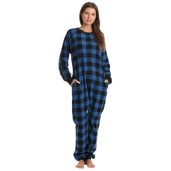 Just Love Printed Flannel Adult Onesie / Pajamas (Blue Buffalo Plaid, XX-Large)