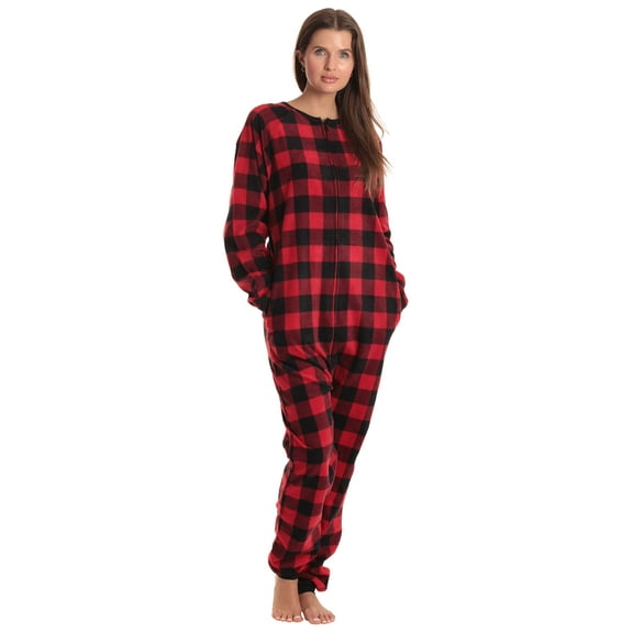 Just Love Printed Flannel Adult Onesie / Pajamas (Buffalo Plaid - Red Black, X-Large)