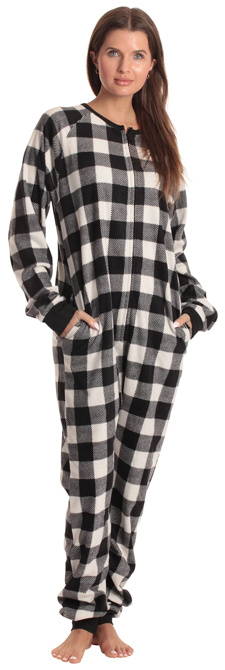 Just Love Printed Flannel Adult Onesie / Pajamas (Buffalo Plaid - White Black, Large)