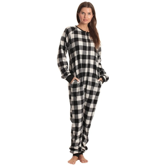 Just Love Printed Flannel Adult Onesie / Pajamas (Buffalo Plaid - White Black, Large)