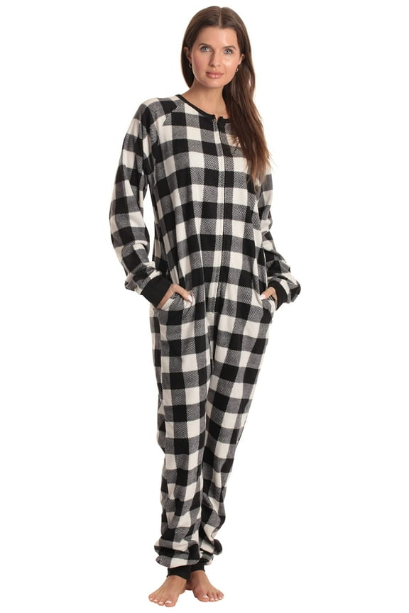 Printed Flannel Adult Onesie / Pajamas (Buffalo Plaid - White Black, Large)