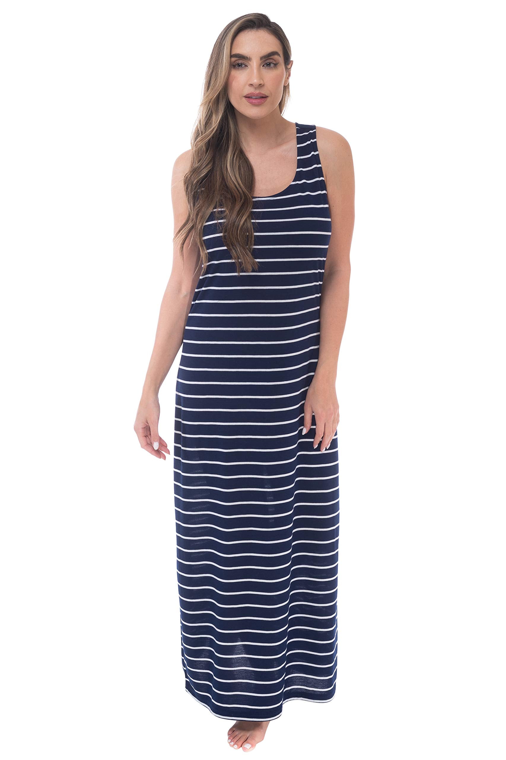 Just Love Racer Back Solid Tank Dress - Navy White Stripe, Medium, Bungee Detail - View #2