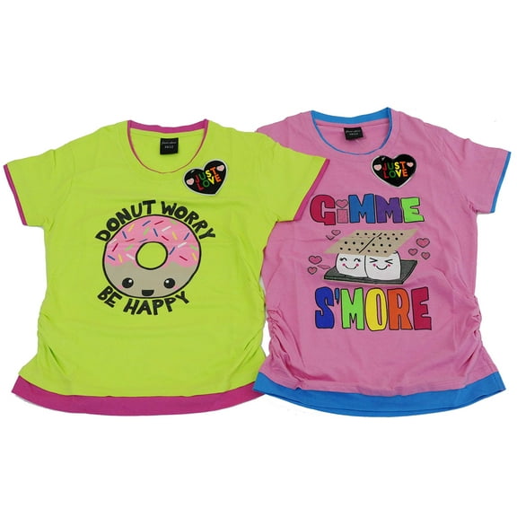 Just Love Ruched Side Graphic T-Shirts for Girls (Pack of 2) (Pink / Citron, 6-6X)