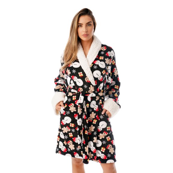 Just Love Sherpa Trim Plush Robe for Women 6761-10334-L (Black - Mixed Holiday, X-Small)
