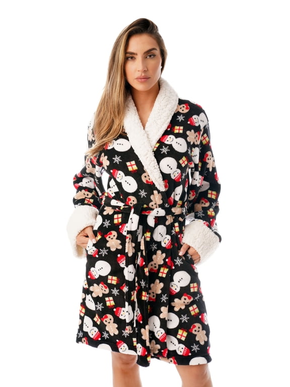 Sherpa Trim Plush Robe for Women 6761-10334-L (Black - Mixed Holiday, X-Small)