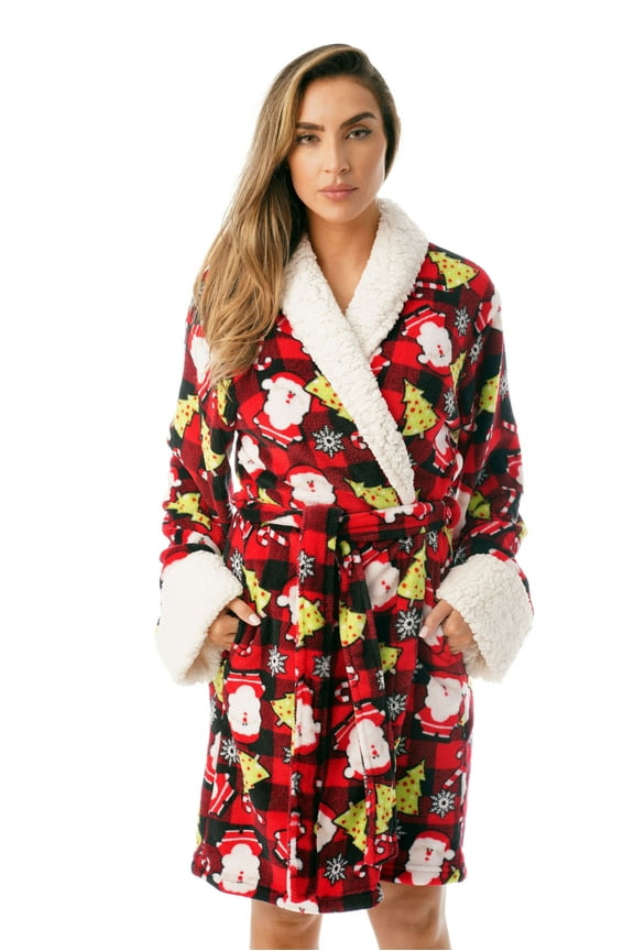 Sherpa Trim Plush Robe for Women 6761-10334-L (Buffalo Plaid Christmas, Medium)