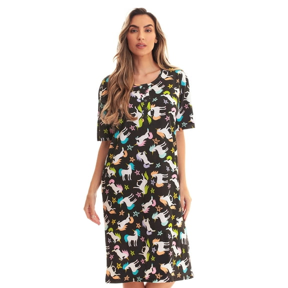 Just Love Short Sleeve Nightgown / Night Shirts Sleep Dress for Women (Black - Unicorn Stars, Small)