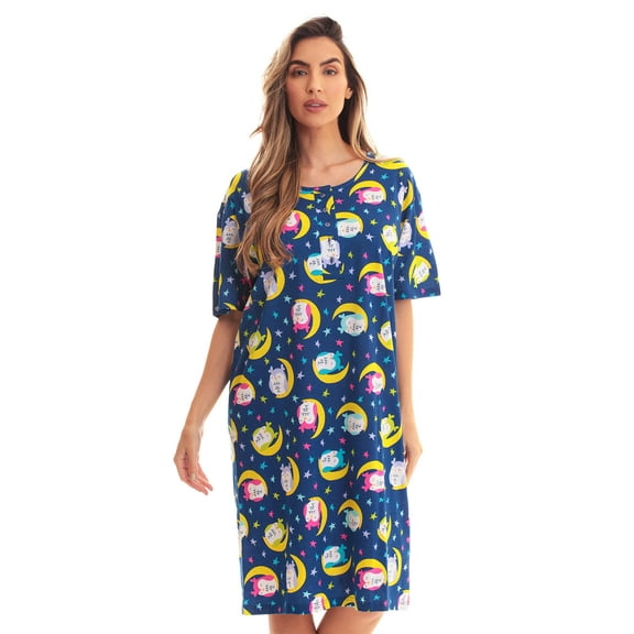 Just Love Short Sleeve Nightgown / Night Shirts Sleep Dress for Women (Blue - Moonstruck Owl, Medium)
