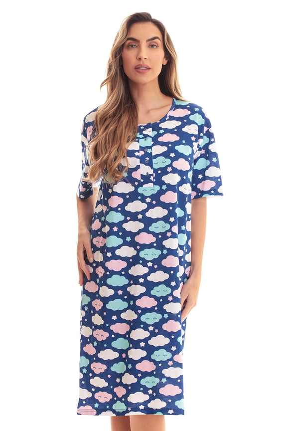 Short Sleeve Nightgown / Night Shirts Sleep Dress for Women (Blue - Sleepy Cloud, 3X)